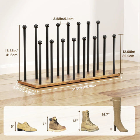 8 Pair Boot Rack And Shoe Organizer Tall Free Standing Stand With Wood Base And Metal Frame, dimensions shown.