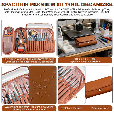 66-piece 3D printer tools kit in brown leather roll-up case; includes deburring tool, scrapers, files, brushes, tweezers.