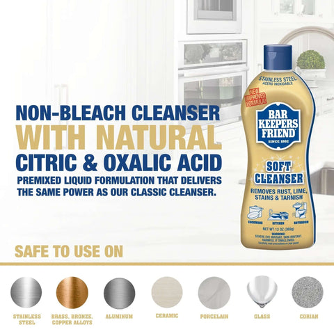 Soft Cleanser Liquid 2 Pack 13 Oz Bottles Multipurpose Cleaner and Rust Stain Remover for Stainless Steel Porcelain Ceramic Tile and More