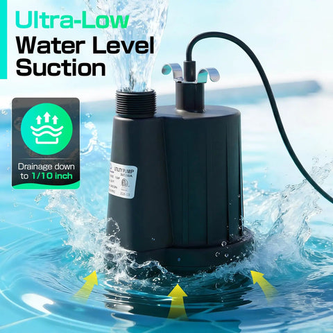 Powerful Submersible Sump Pump 1/3 HP 2400 GPH With 3/4 Inch GHT Garden Hose Thread in water, showing ultra-low water level suction.
