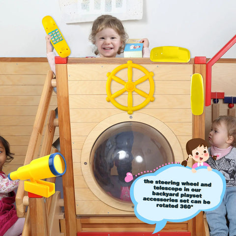 Pirate Ship Steering Wheel And Telescopes 3 Pack For Kids Plastic Swingset Accessories in yellow on playhouse