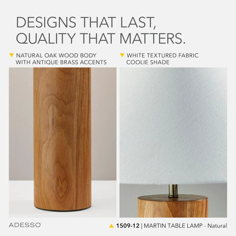 Modern Rustic Table Lamp With Natural Oak Wood Base And White Fabric Shade Antique Brass Accents