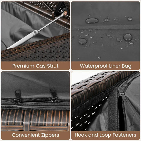 Close-up of wicker outdoor storage bench with gas strut, waterproof liner, zippers, and loop fasteners for patio use.