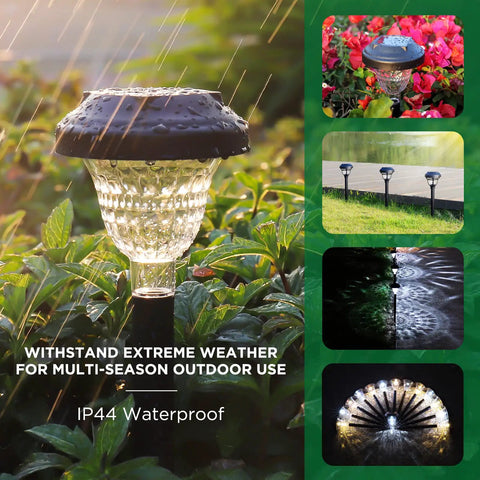 Close-up of Super Bright 2 In 1 Solar Lights Outdoor Waterproof in garden, showing weatherproof LED light on rainy day.