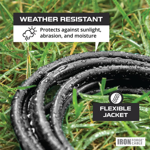 Oil Resistant 12 Gauge 3 Conductor 50 Foot Extension Cord Heavy Duty Outdoor 3 Prong 15 Amp SJTOW Cable on wet grass