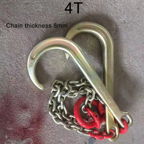 Badass Heavy Duty Hauling Chain With Double Trailer Hooks Built From Industrial Strength Electroplated Steel Ten Mm Thick Links Rated Five Ton Safe Working Load For Trucks And Rough Road Lugging, featuring 8mm chain and two hooks.