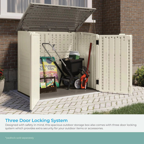 34 Cu Ft Horizontal Resin Storage Shed With Floor Included, Lockable And Weatherproof Outdoor Storage with open doors and garden tools