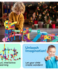 Child playing with Magnetic Marble Run Set With Building Tiles And Race Track Slides Three In One STEM Learning Toy For Indoor Fun Kids Age Three Plus 108 Piece Construction Kit