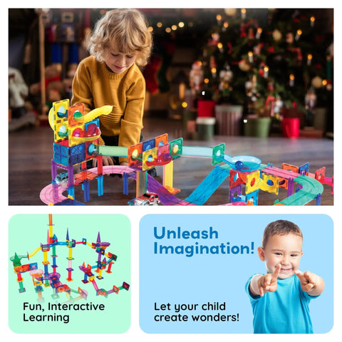 Child playing with Magnetic Marble Run Set With Building Tiles And Race Track Slides Three In One STEM Learning Toy For Indoor Fun Kids Age Three Plus 108 Piece Construction Kit