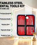 10 Pack Dental Tools Set For Home Use Pro Level Plaque Removal With Mirror Tweezers Tongue Cleaner Various Tooth Scrapers And Dental Picks Stainless Steel Hygiene Kit With Case For Deep Cleaning Between Dentist Visits in a case on display with features listed overhead.