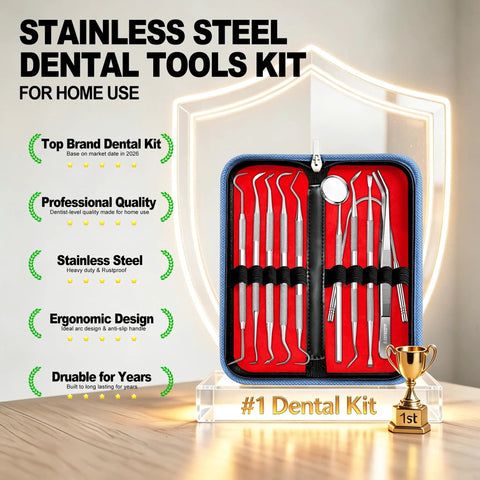 10 Pack Dental Tools Set For Home Use Pro Level Plaque Removal With Mirror Tweezers Tongue Cleaner Various Tooth Scrapers And Dental Picks Stainless Steel Hygiene Kit With Case For Deep Cleaning Between Dentist Visits in a case on display with features listed overhead.