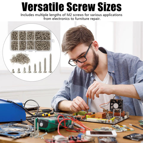 Eight Hundred Piece M2 304 Grade Stainless Steel Screws Assortment Kit With Phillips Head for electronics repair shown with labeled box