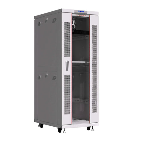 Heavy Duty 42U Floor Server Rack And Network Cabinet With Smooth Rolling Casters, Sleek Grey Steel Shell, and Smart LCD Display.