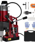 Powerful 1550W Magnetic Drill Press for Metal, 210mm Stroke, includes accessories and gloves for heavy duty drilling.