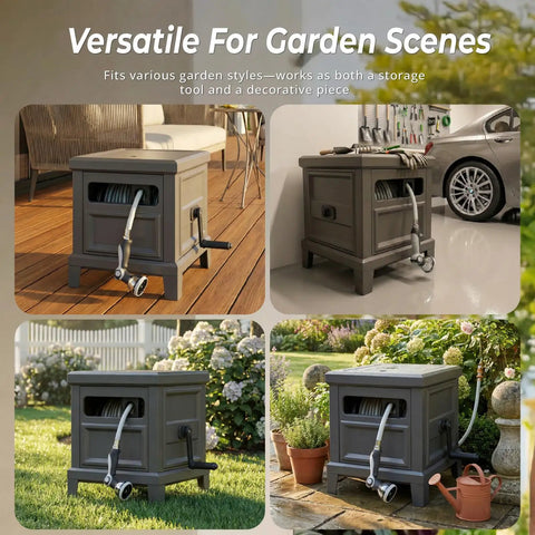Heavy Duty Steel Garden Hose Reel Deck Box Holds 125 Ft Of 5/8 Inch Hose with Aluminum System in Various Garden Settings