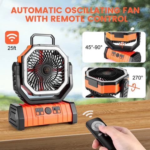 High Capacity 30000mAh Oscillating Camping Fan With LED Lantern Rechargeable Tent Fan With Timer Four Speed Outdoor Fan
