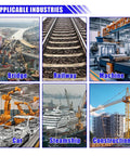 Collage showing applicable industries: bridge, railway, machine, car manufacturing, steamship, and construction.