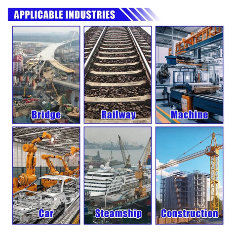 Collage showing applicable industries: bridge, railway, machine, car manufacturing, steamship, and construction.