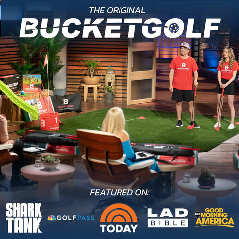 Backyard Golf Club With Oversized Head For Easy Swings displayed on TV set with hosts, golf gear, and product banners.