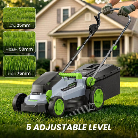 Cordless 13 Inch Lawn Mower With 40V Battery, Walk Behind Electric Lawn Tool For Small Yards, Gardens And Patios, 5 Height Adjustable Cutting Deck From 25mm To 75mm, Lightweight, Easy Start, No Gas on grass