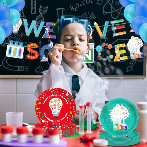 Child in lab coat with bubble blower, in front of Epic We Love Science Banner Set for Mad Science Party Decorations, lab-themed backdrop.