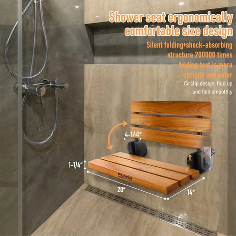 20 Inch Teak Folding Shower Seat Wall Mounted Fold Down Bench in shower, showing ergonomic design and dimensions
