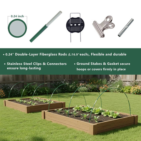 Raised garden beds with installed 40 Piece Fiberglass Greenhouse Hoops Kit For Raised Beds With Ground Stakes Connectors And Clips DIY Grow Tunnel Kit For Insect Netting Frost Covers Shade Cloth And Row Covers Easy Setup.