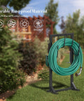 Beefy Freestanding Metal Hose Holder Stand With 4 Anchor Points And 6 Hooks Holds Up To 150 Feet Of Hose in a garden setup
