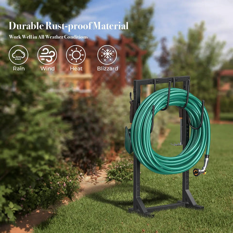 Beefy Freestanding Metal Hose Holder Stand With 4 Anchor Points And 6 Hooks Holds Up To 150 Feet Of Hose in a garden setup