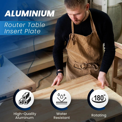Heavy Duty Aluminum Router Table Insert Plate With Tough Badass Glide Coating And Zero Sweat Laser Scaled Markings Ideally Suited For Rapid Woodworking Bench Tweaks On Any Weekend Garage Build, user handling it.