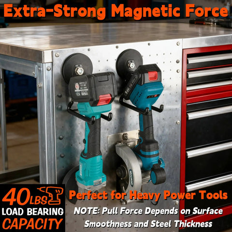 Built Tough Magnetic Hooks 2 Pack Heavy Duty Large Magnetic Hangers holding cordless drills on metal cabinet in workshop