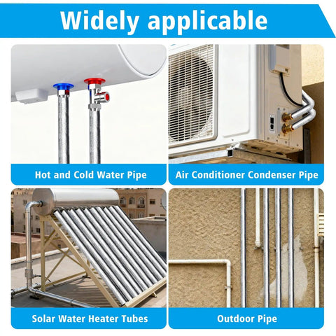 Collage image showing application of 8 Piece Self Adhesive Foam Pipe Insulation Wrap Set with Aluminum Foil Covers for weatherproofing pipes.