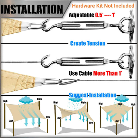 Installation guide for 14 By 14 Foot Grey Waterproof Sun Shade Sail UPF50 Plus Canopy Awning showing tension and rain protection.