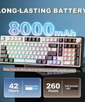 Clean 96 Percent Layout Wireless Mechanical Keyboard With Hot Swappable Switches And Playful Cat Metal Knobs Dedicated Number Pad For Slick Typing And Sweet Gaming Sessions In A Dope Coffee Brown Finish showing 8000mAh battery.