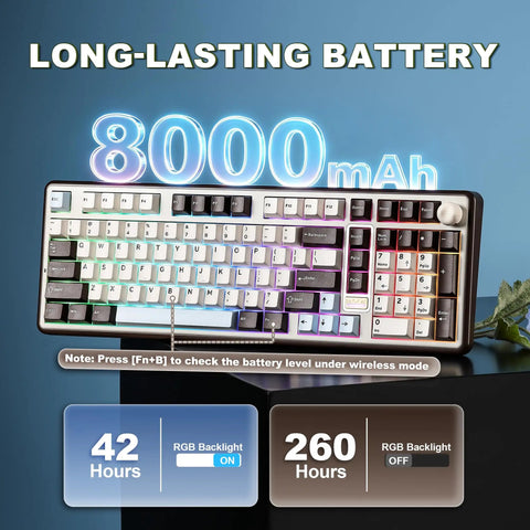 Clean 96 Percent Layout Wireless Mechanical Keyboard With Hot Swappable Switches And Playful Cat Metal Knobs Dedicated Number Pad For Slick Typing And Sweet Gaming Sessions In A Dope Coffee Brown Finish showing 8000mAh battery.