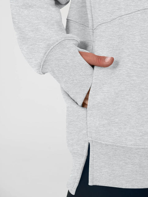 Close-up of light gray Womens Quarter Zip Sweatshirt With Oversized Hood Light Gray Cozy Lounge Essential Relaxed Fit everyday wear