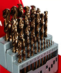 High Performance HSSE-Co Twist Drill Set DIN 338 25 Pieces For Stainless Steel And Hard Metals in red storage case.