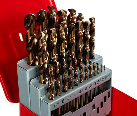 High Performance HSSE-Co Twist Drill Set DIN 338 25 Pieces For Stainless Steel And Hard Metals in red storage case.