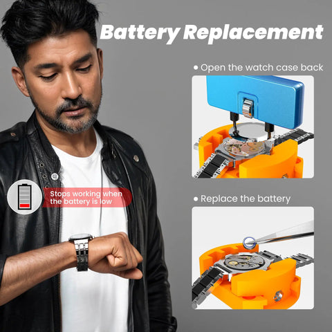 Watch Battery Replacement Kit With Case Back Opener, Five In One Screwdriver, illustrated for DIY watch repair.