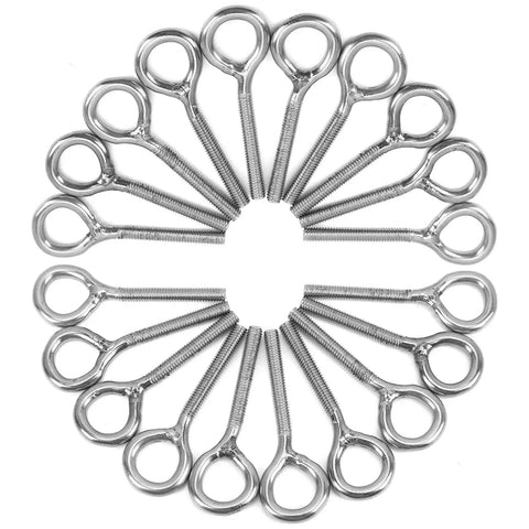 Garage Ready Stainless Steel Eye Nut And Bolt Kit For DIY Projects M4 Size 20 Pieces Eye Nuts And Bolts For Fastening And Suspension Handy Hardware Set For Home Workshop And Industrial Use, stainless steel eye bolts arranged in a circle