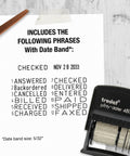 Premium Self Ink Date Stamp Featuring Dial Phrase Adjuster with phrases listed on paper and the date stamp on desk.