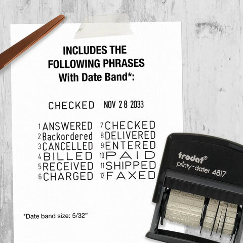 Premium Self Ink Date Stamp Featuring Dial Phrase Adjuster with phrases listed on paper and the date stamp on desk.