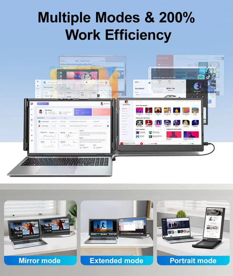Dual Monitor Laptop Extender 14.2 Inch FHD 1080p Portable Monitor showing laptop setup with mirror, extended, and portrait modes.