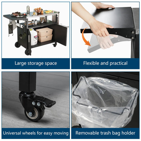 Ultimate Outdoor Grill Cart With Storage And Wheels, black BBQ table with closed storage cabinet, wheels, and foldable tabletop.