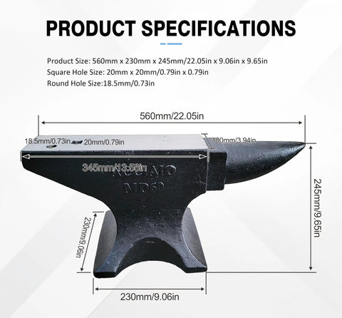 132 Lb Single Horn Cast Steel Blacksmith Anvil With Polished Work Surface, Round And Square Holes, dimensions in mm and inches