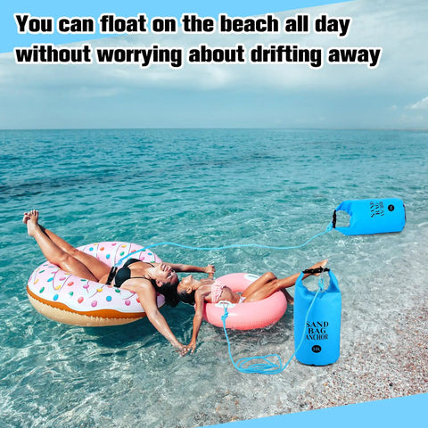 Floating with 2 Pack Sand Anchor Bags 10L And 20L, 2 In 1 Kayak Anchor Kit With Adjustable Straps securing pool floats on the beach