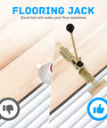 Heavy Duty Flooring Jack for Hardwood, Laminate, and Tile Installations with Ratchet Mechanism and Cast Steel Plank Lifter in use