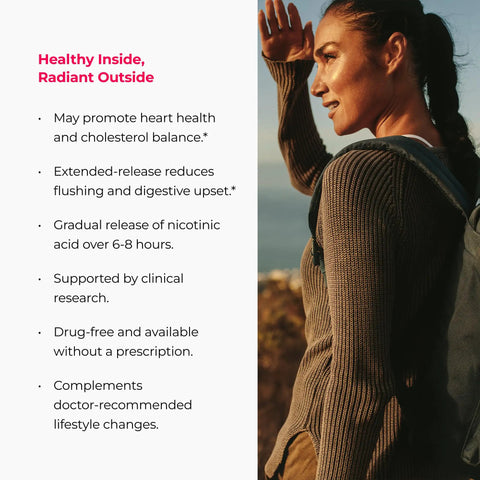 Extended Release Niacin 500 Mg Supplement Smooth Cholesterol Support For Heart Health Nicotinic Acid Gentle Formula 200 Tablets on a woman's backpack.