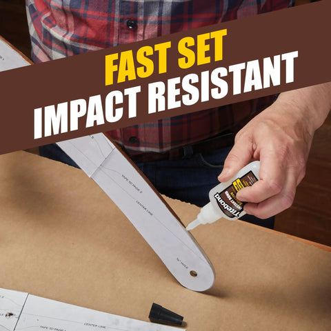 Person applying Ultra Smooth Quick Set Wood Adhesive With Thin Viscosity For Crystal Clear Finish, 2 Oz Bottle, Boss Bond on wood.