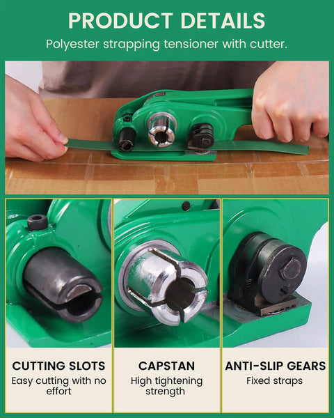 Heavy Duty Pet Strap Kit With Manual Tensioner For Bulletproof Pallet Wrapping showing polyester strapping tensioner with cutter and features.